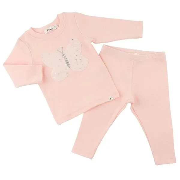 Two Piece Set – Pink Silver-Fleck Tulle Butterfly Applique – Pale Pink