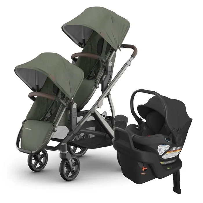 UPPAbaby Vista V3 Double Stroller with RumbleSeat V3 + Aria Travel System Bundle – Evelyn / Jake