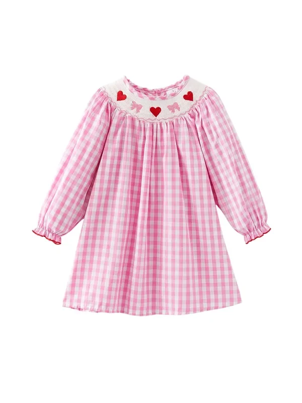 Valentine’s Day Heart Bow Smocking Embroidered Pink Dress