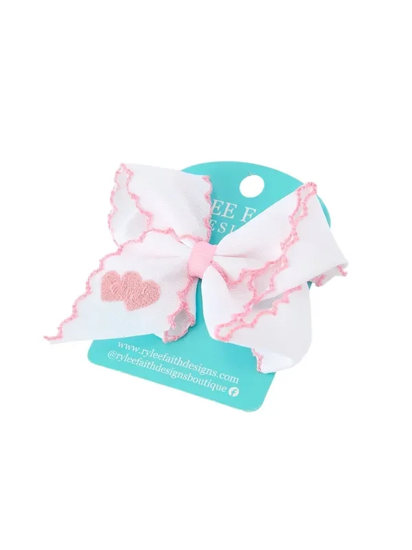 Valentine’s Day Heart Embroidered White Girls Bow Hairpin 4 Inch
