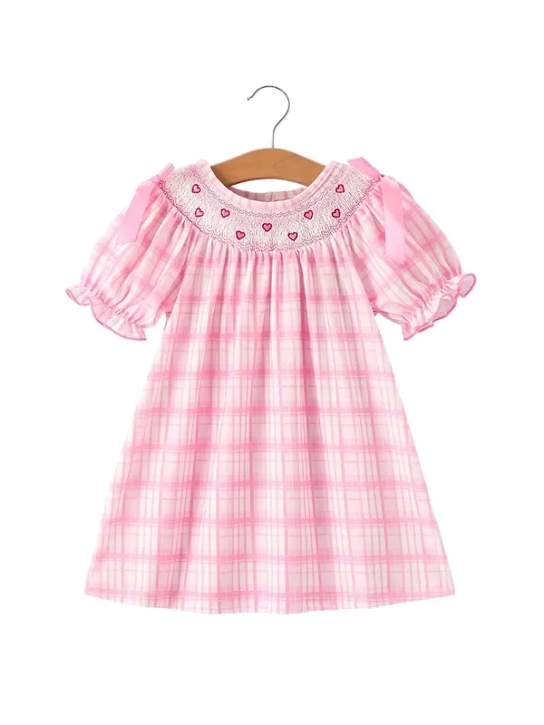 Valentine’s Day Pink Plaid Smocked Heart Embroidery Girls Dress