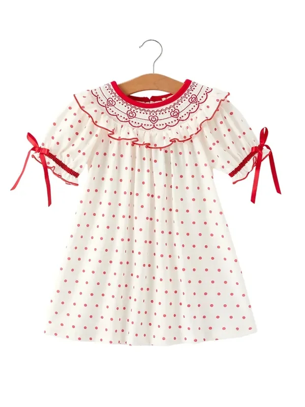 Valentine’s Day Polka Dot Girls’ Dress With Smocking Embroidery