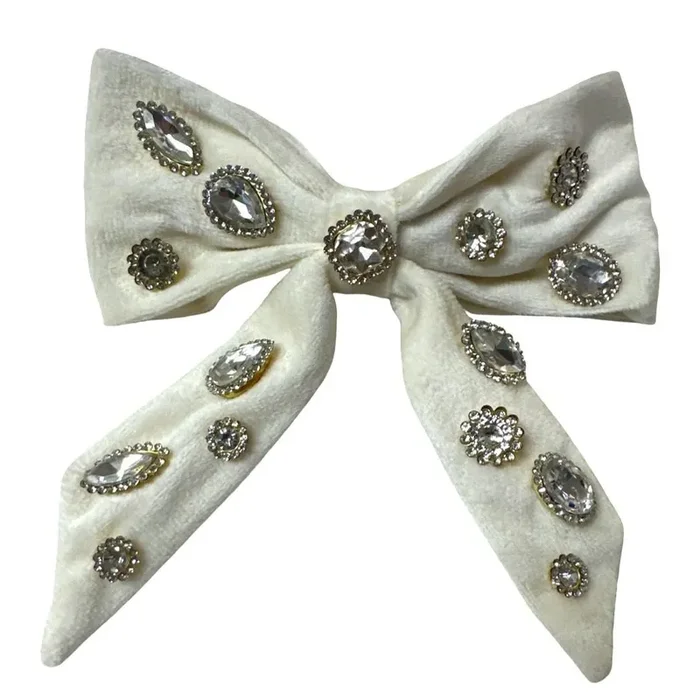 Velvet Jeweled Bow | Cream