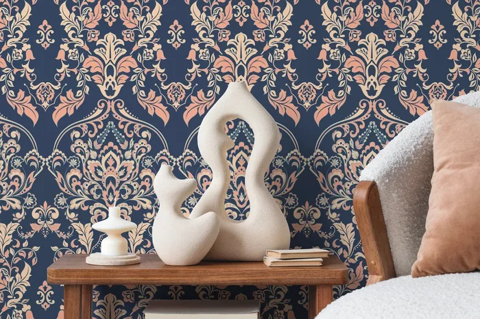 Victorian Damask Wallpaper With An Ornate Motif In Navy Blue, Peach, And Beige – D075