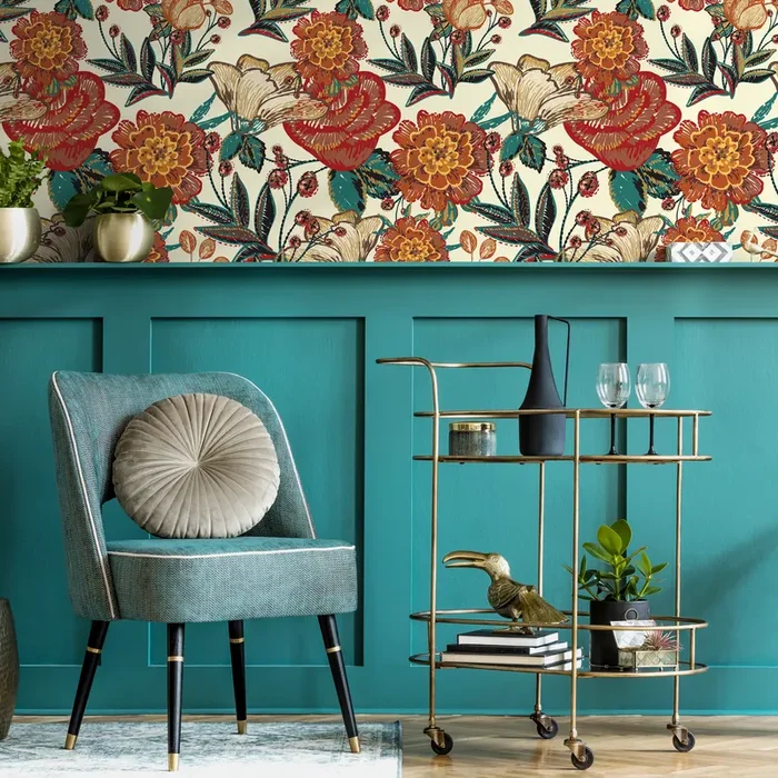 Vintage Floral Wallpaper With An Embroidered Style In Red, Orange, And Teal – C596