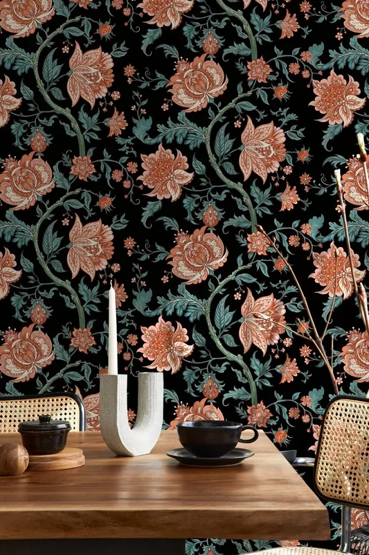 Vintage Floral Wallpaper With Baroque Blooms In Black, Terracotta, And Teal – D129
