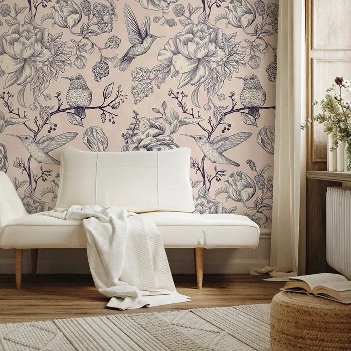 Vintage Floral Wallpaper With Hummingbirds And Peonies In Pink And Blue – A626