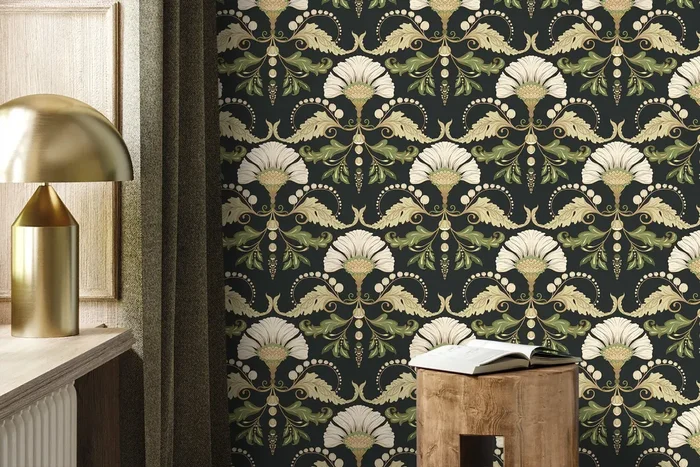 Vintage Wallpaper With A Floral Damask Motif In Green, Beige, And Black – D238