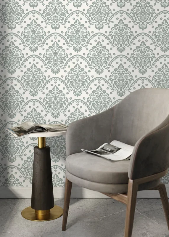 Vintage Wallpaper With An Ornate Scalloped Damask In Light Green – D196