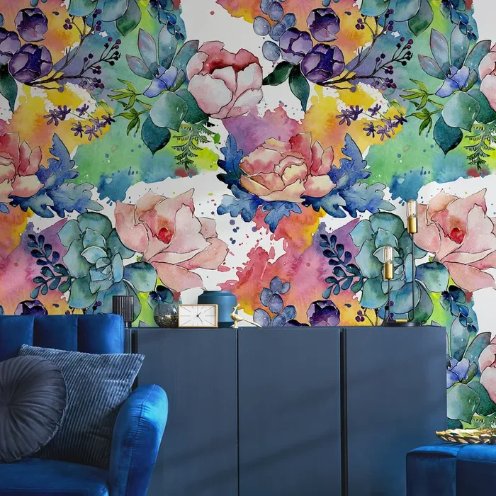 Watercolor Floral Wallpaper With Peonies And Succulents In Pink And Blue – B064