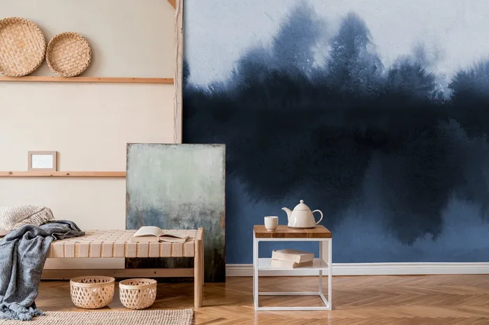 Watercolor Wallpaper With A Moody Ombre Wash In Navy Blue – X154