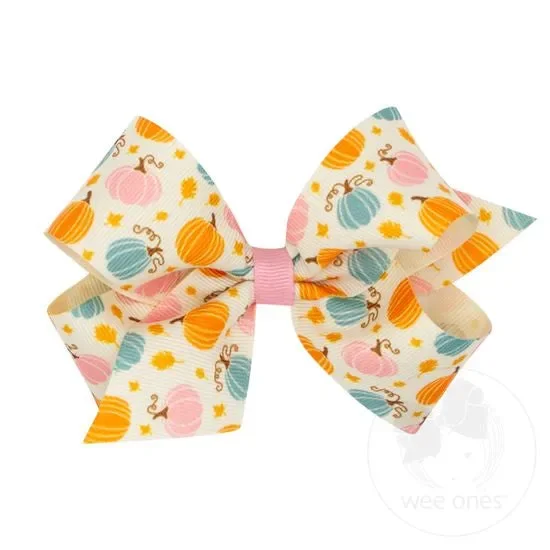 Wee Ones Medium Harvest Multicolored Pumpkin Printed Grosgrain Hair Bow