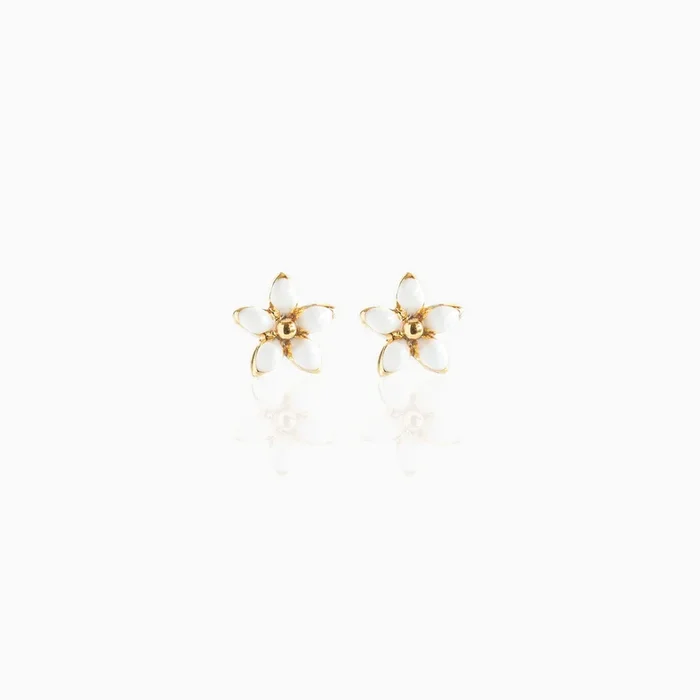 White Enamel Flower Studs – Gold