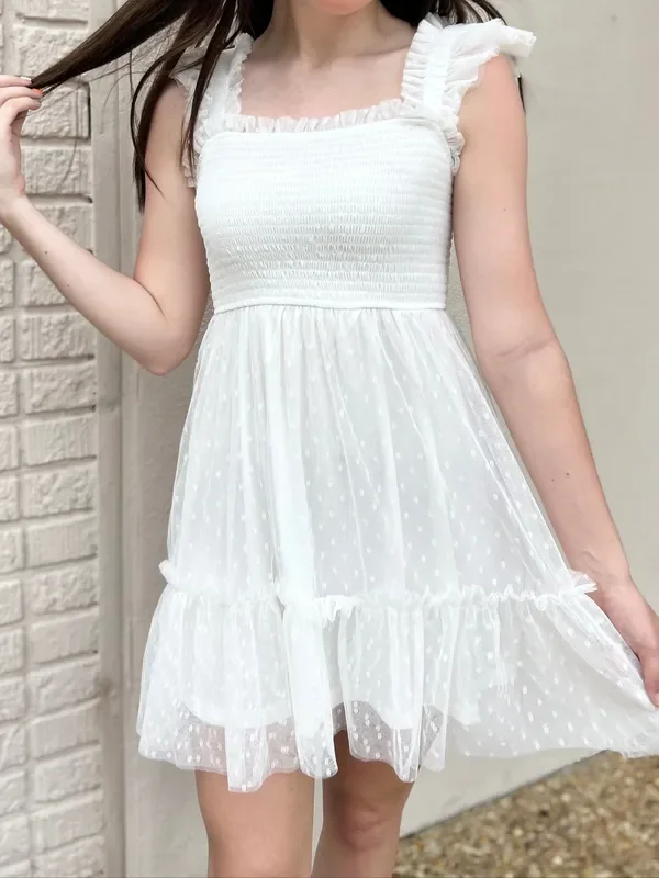 White Polka Dot Chiffon Smocked Ruffle Detail Mini Dress