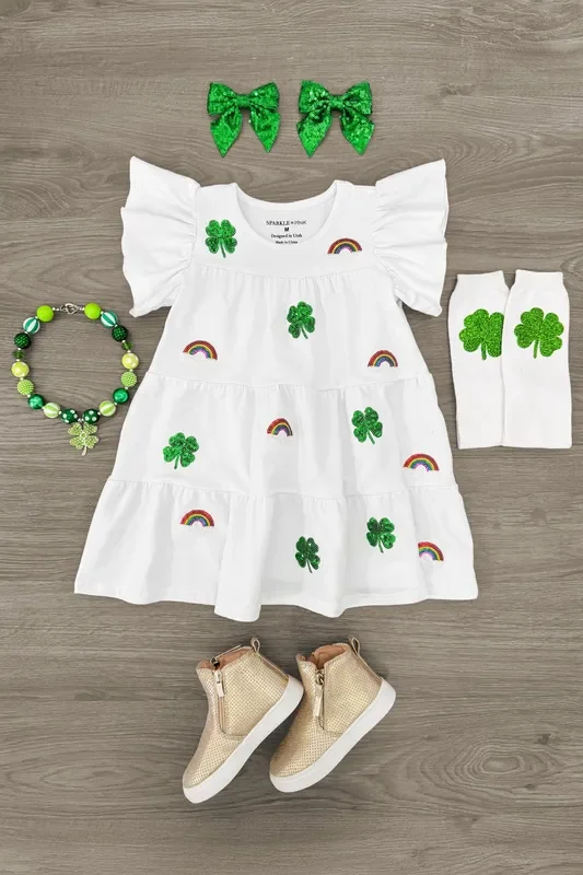 White Sequin Shamrock & Rainbow Ruffle Dress