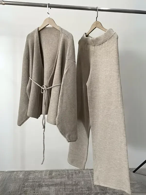Womens Cozy Chic Knit Wrap Sweater & Wide-Leg Pants Set