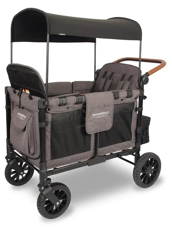 WonderFold W4 Luxe Multifunctional Quad (4 Seater) Stroller Wagon – Charcoal Gray/Black Frame