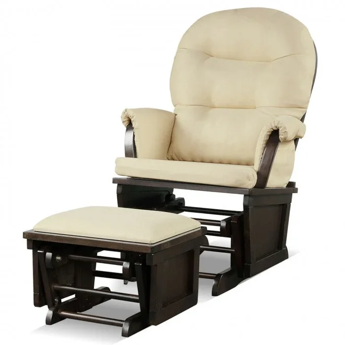 Wood Baby Glider and Ottoman Cushion Set With Padded Armrests for Nursing-Beige