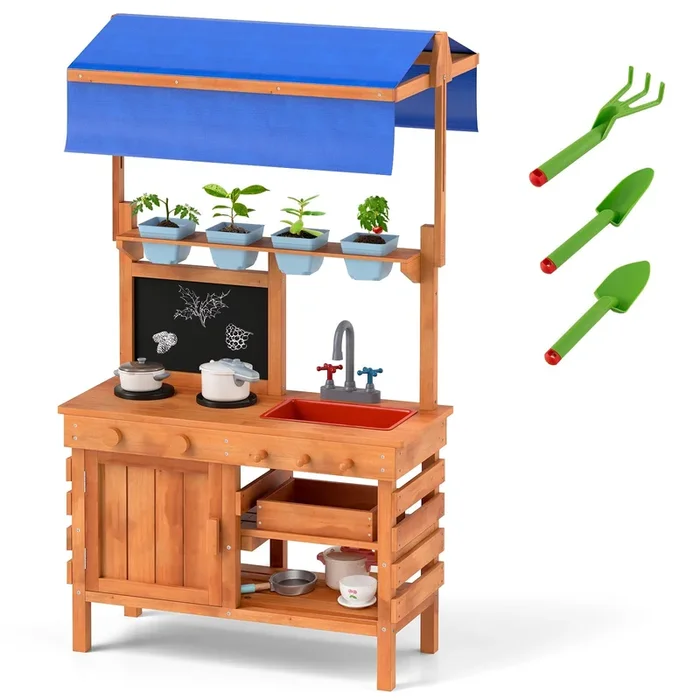 Wooden Pretend Play Kitchen With Height Adjustable Canopy for Kids-Natural
