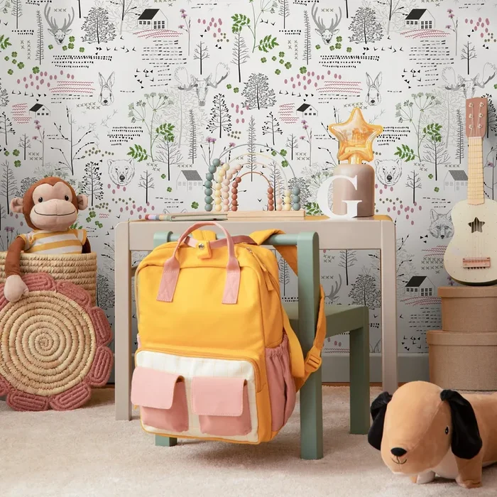 Woodland Wallpaper With Folk Art Forest Animals In Black, Green, And Pink – B290